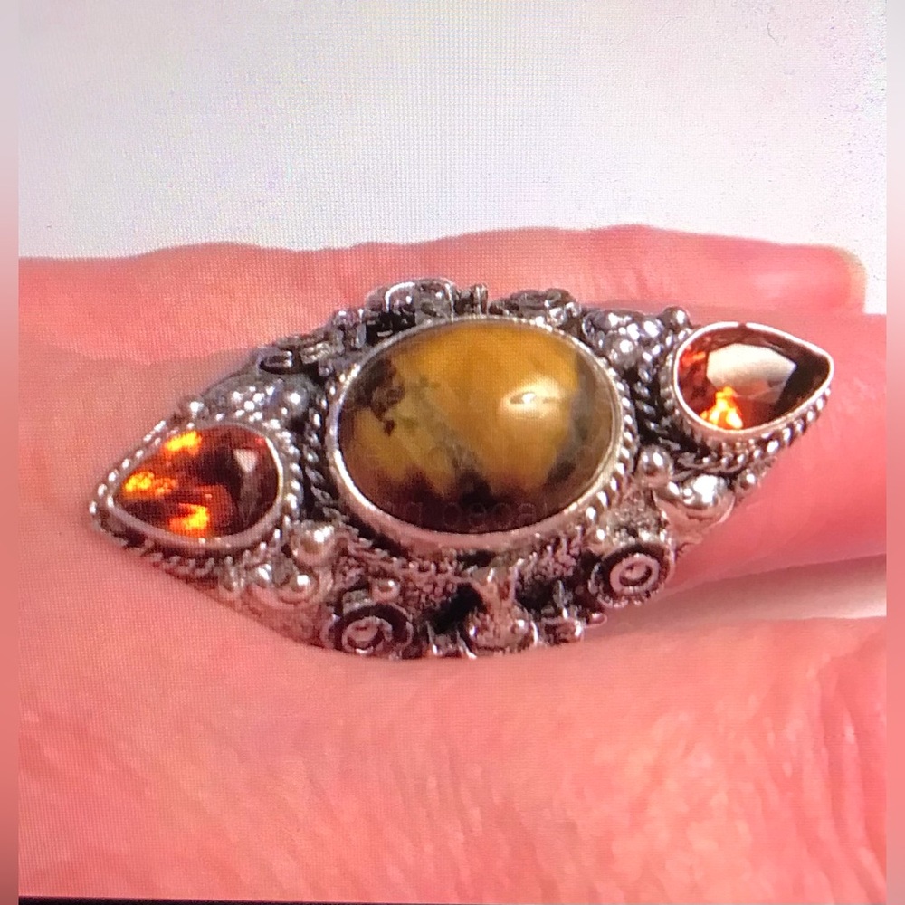 Tiger Eye Citrine Stampd 925 Sterling Silver Ring